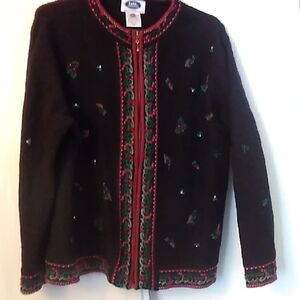 Dark Blue Cardigan with Red and Green Embroidery